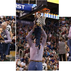 L'ancien centre de jazz Mark Eaton donne une aide à un jeune tireur alors que l'Utah Jazz et l'Oklahoma Thunder jouent au basket NBA le lundi 23 novembre 2015 à Salt Lake City.